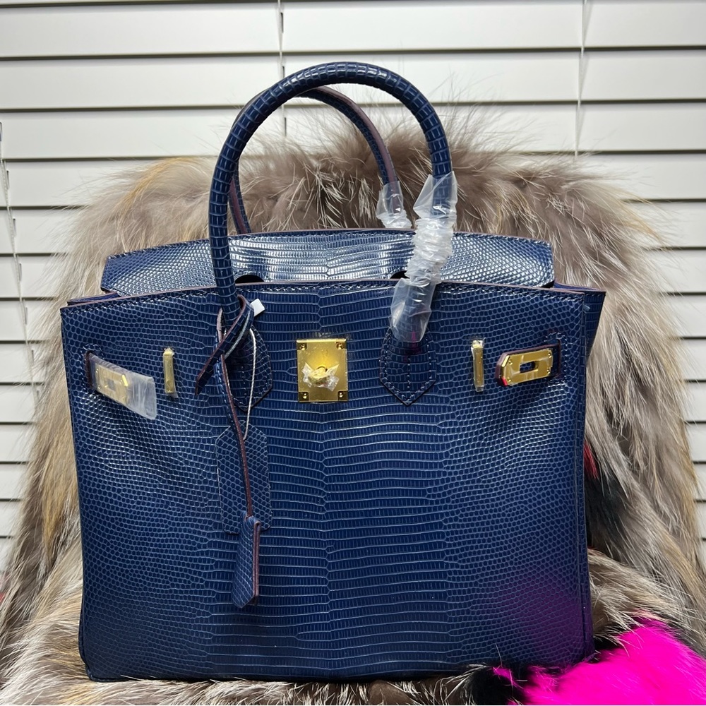 Genuine Blue Leather embossed in Lizard Print 30cm with gold hardware.